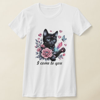 T-Shirt Cute black cat carrying flowers