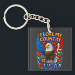 T-Shirt Design: I Love My Country - USA Key Ring<br><div class="desc">Show your patriotism with this vibrant mug featuring a majestic eagle adorned in red, white, and blue. The striking design showcases the bold lettering, "I LOVE MY COUNTRY, " complemented by colourful hearts and sparkling stars. Perfect for enjoying your favourite accessories, this key chain is a great way to express...</div>