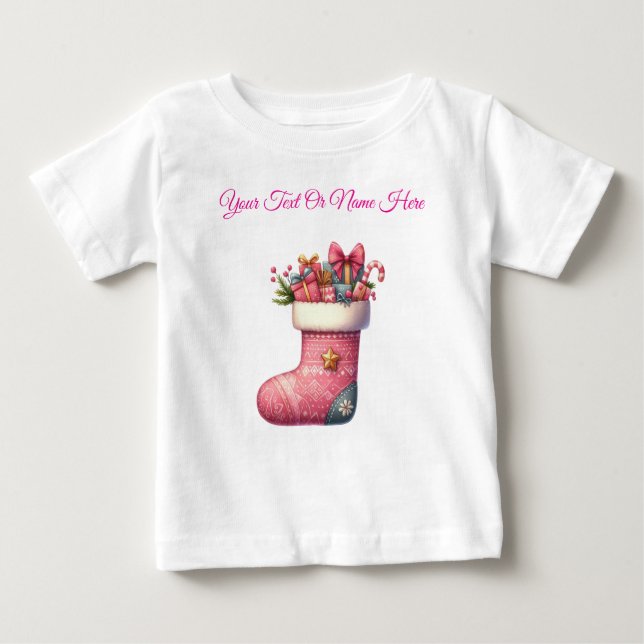 T-Shirt-Personalised Pink Christmas Baby Jersey Baby T-Shirt (Front)