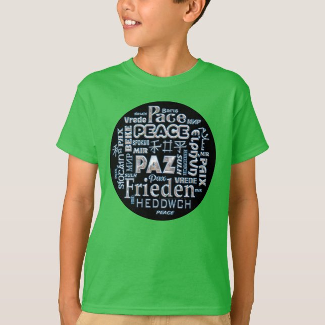 T shirt with chrome peace in multi languages (Front)