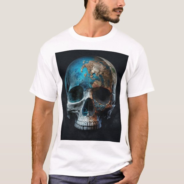 T shirt with picture of a skull like earth (Front)