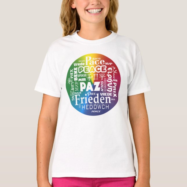 T shirt with rainbow peace in multi languages (Front)