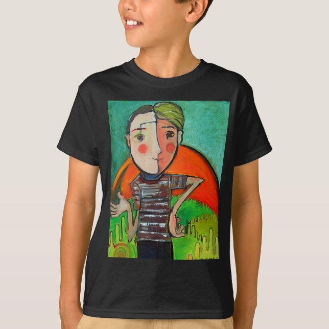 T-shirt with stylised "boy genius" image. (Front)