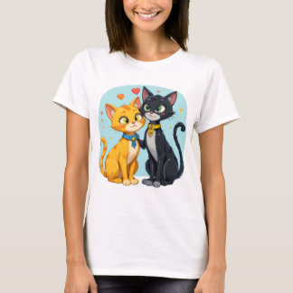 T-ShirtBlack Cat and Yellow Cat in Love with Heart T-Shirt