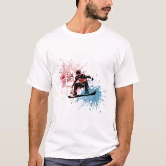 T-shirts featuring a man jumping on a snowboard.