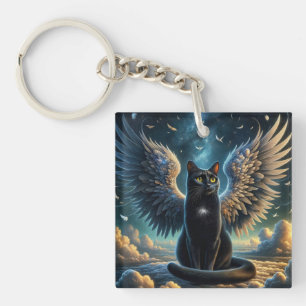 Tabby Angel Cat Sitting on a Cloud Keychain