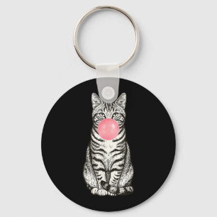 Tabby Bubblegum Cat Cute Funny Cat Blowing Pink Key Ring