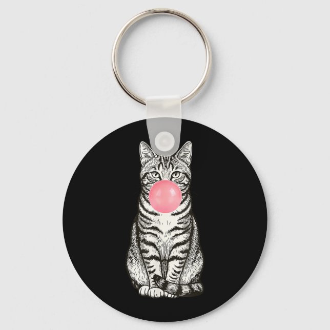 Tabby Bubblegum Cat Cute Funny Cat Blowing Pink Key Ring (Front)