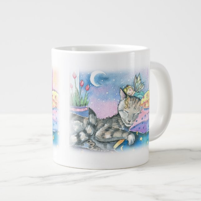 Tabby Cat and Fairy Large Coffee Mug (Front Right)