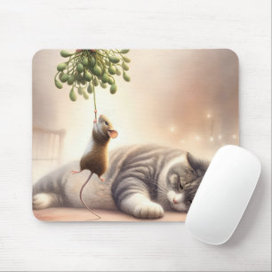 Tabby Cat and Mouse Under a Mistletoe Pad