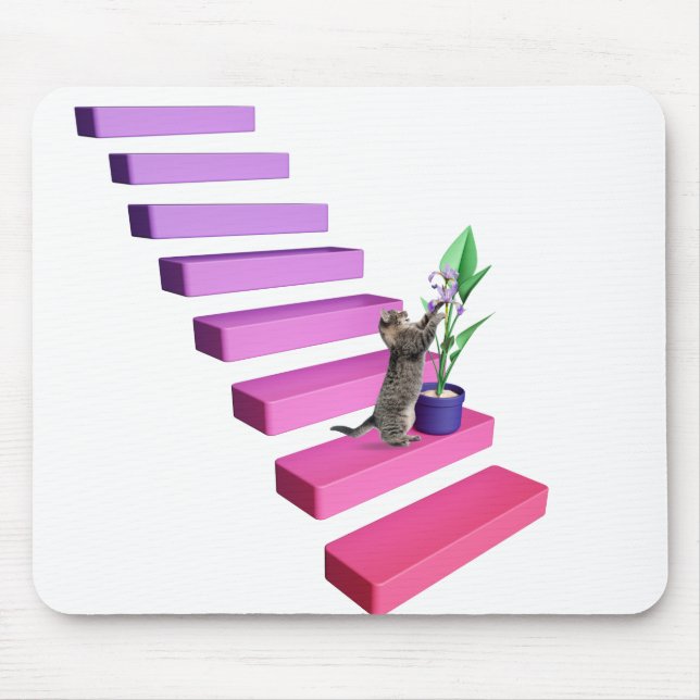 Tabby Cat and Plant On Stairs Mouse Pad (Front)