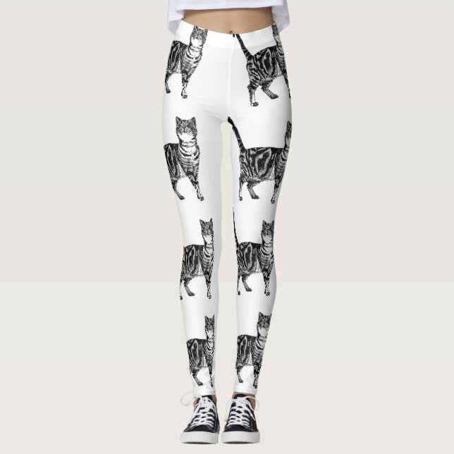 Tabby Cat Animal Black and White Leggings (Front)