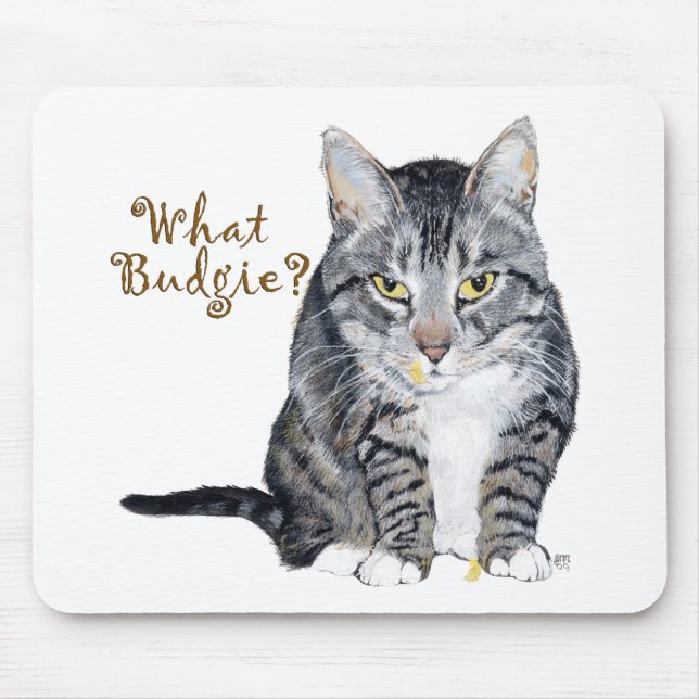 Tabby Cat Asks: What Budgie? Mouse Pad (Front)