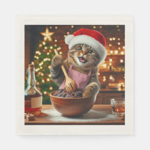 Tabby cat baking boozy christmas pudding napkin