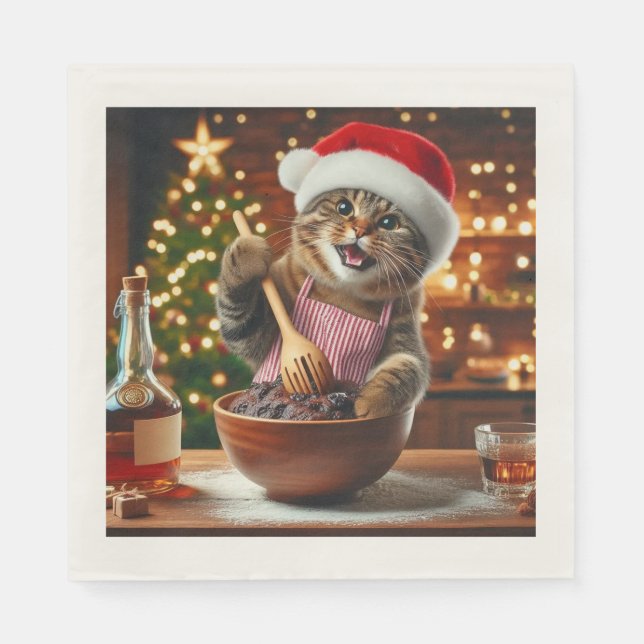 Tabby cat baking boozy christmas pudding  napkin (Front)