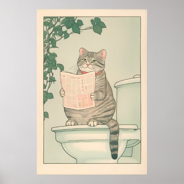 Tabby Cat Bathroom Print Funny Japanese Ukiyo-e (Front)