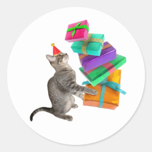 Tabby Cat Birthday Present Pile Round Sticker