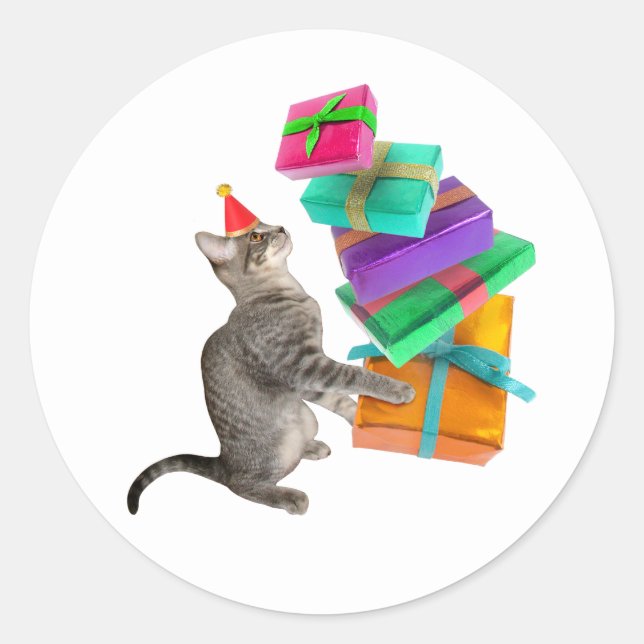 Tabby Cat Birthday Present Pile Round Sticker (Front)