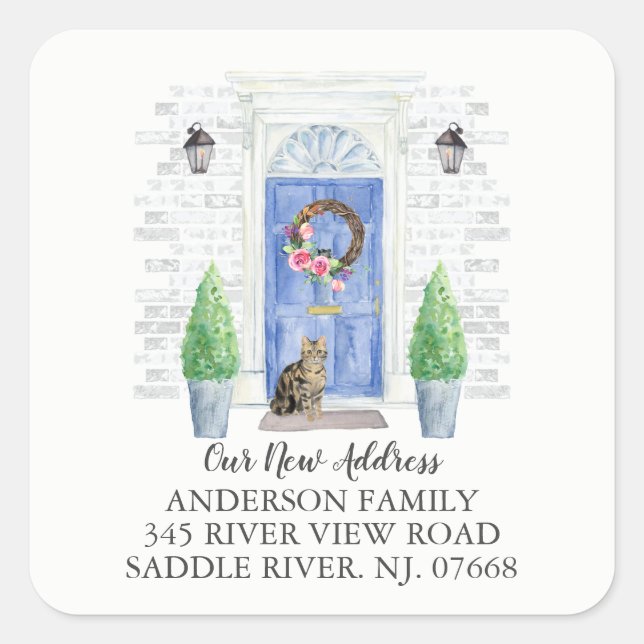 Tabby Cat Blue Door New Address Label Sticker (Front)