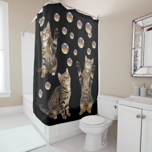 Tabby Cat Bubbles Cat Shower Curtain (In Situ)