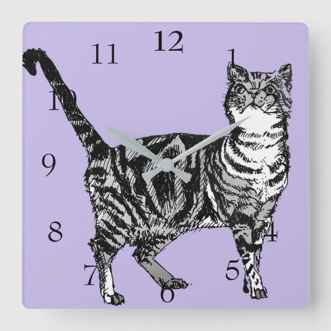 Tabby Cat Cats Art Animal Pastel Purple Lavender Square Wall Clock (Front)