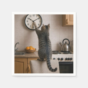 Tabby Cat Changing the Time On a Clock Napkin