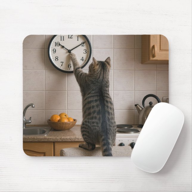 Tabby Cat Changing the Time On a Kitchen Clock Mouse Pad (With Mouse)