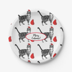 Tabby Cat Christmas Cats Red White Funny Paper Plate
