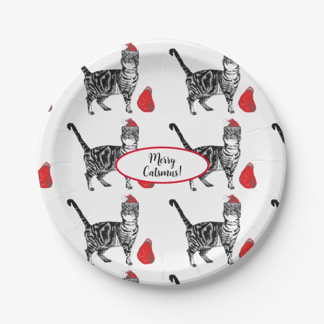 Tabby Cat Christmas Cats Red White Funny Paper Plate (Front)