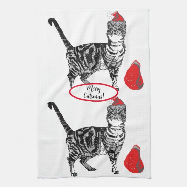 Tabby Cat Christmas Cool Cat Red White Tea Towel (Vertical)