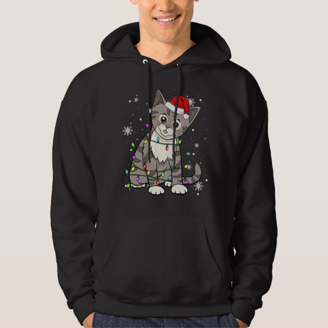 Tabby Cat Christmas Lights Christmas Cat Santa hat Hoodie (Front)