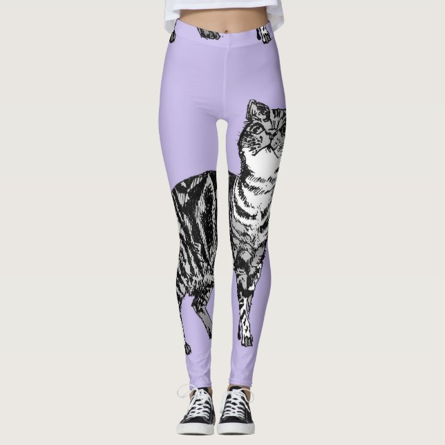 Tabby Cat Cool Animal Black and Puple Leggings (Front)