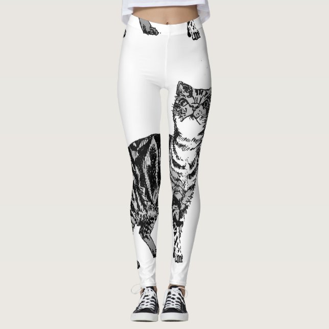 Tabby Cat Cool Animal Black & White Leggings (Front)