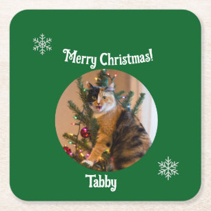 Tabby Cat Customize Photo Name Square Paper Coaster