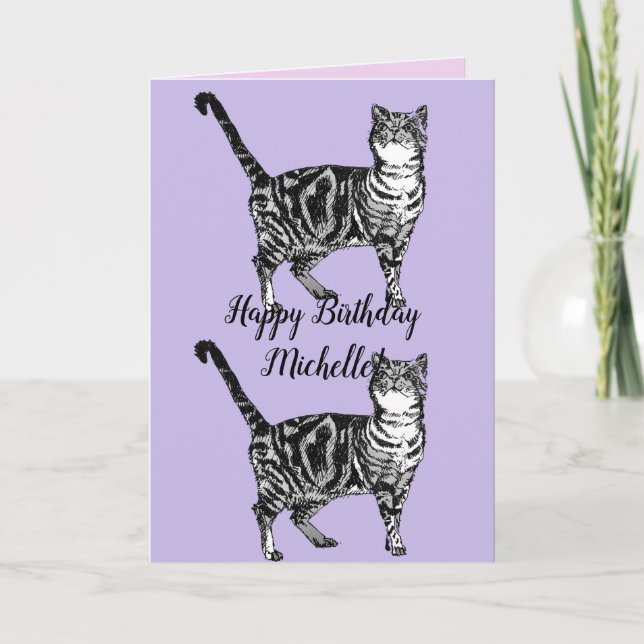 Tabby Cat Cute Cats Pink Art Drawing Birthday Card (Front)