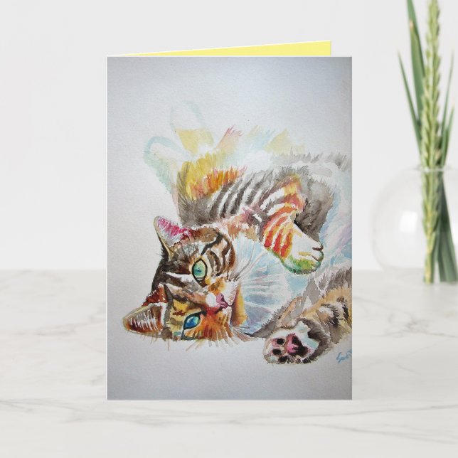 Tabby Cat Cute Cats Watercolour Birthday Card (Front)