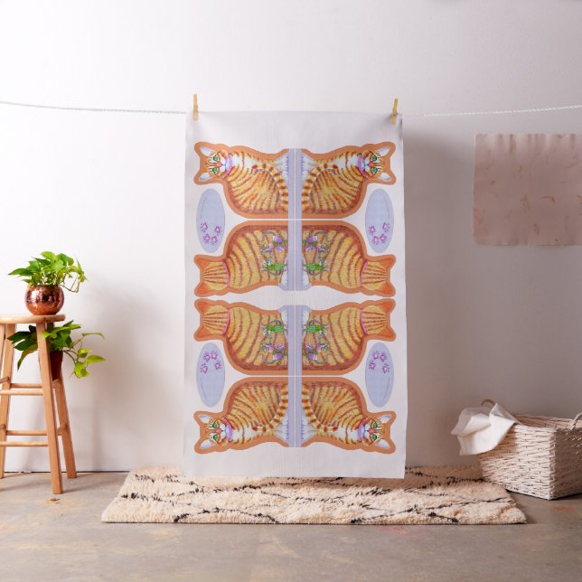 Tabby Cat Dancing Mice Pillow Mirror Images Fabric (In Situ)