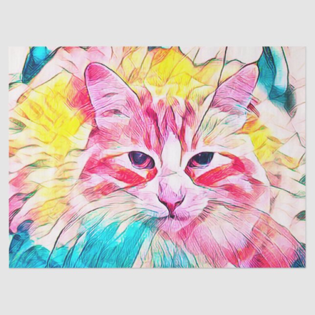 Tabby Cat Design Pink Yellow Teal Art Design Tissue Paper (Front)