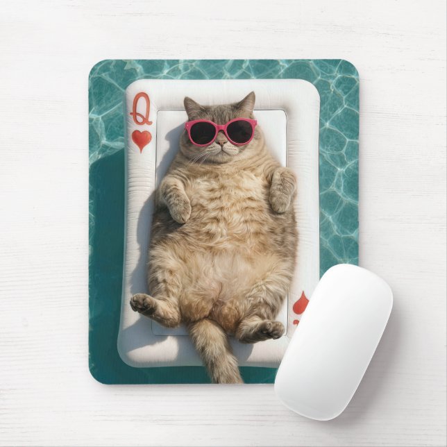 Tabby Cat Floating On Queen of Hearts Pool Float Mouse Pad (With Mouse)