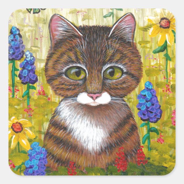 Tabby Cat Flowers Floral Art Creationarts Square Sticker (Front)