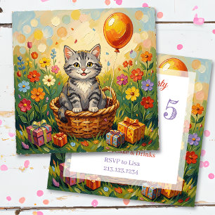 Tabby Cat & Flowers Girl's Birthday Party Invitation