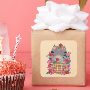 Tabby cat & flowers square sticker