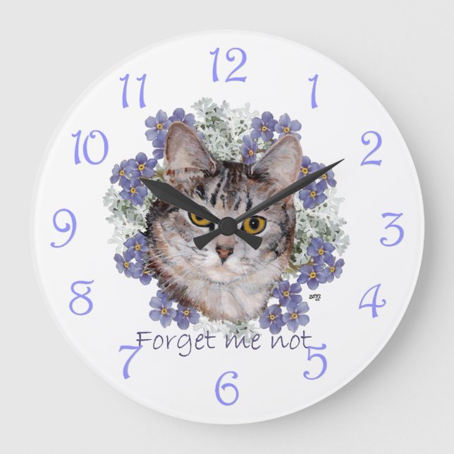 Tabby Cat Forget Me Not Large Clock (Front)