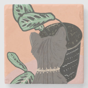 Tabby Cat Grey Plants  Two-Tone Stone Coaster
