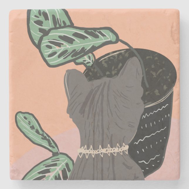 Tabby Cat Grey Plants  Two-Tone Stone Coaster (Front)