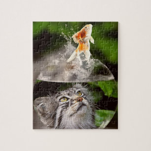 Tabby Cat Head in Bowl Looks as Goldfish Leaps Jigsaw Puzzle