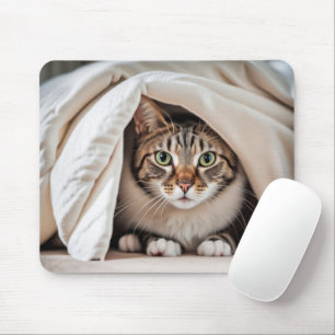 Tabby Cat Hiding Under a Blanket Mouse Pad