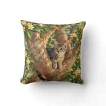 Tabby Cat in a Blooming Plumeria Throw Pillow