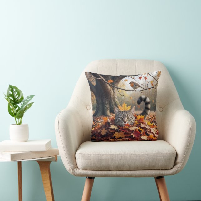 Tabby Cat In a Pile of Autumn Leaves Cushion (Chair)