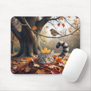 Tabby Cat In a Pile of Autumn Leaves Mouse Pad